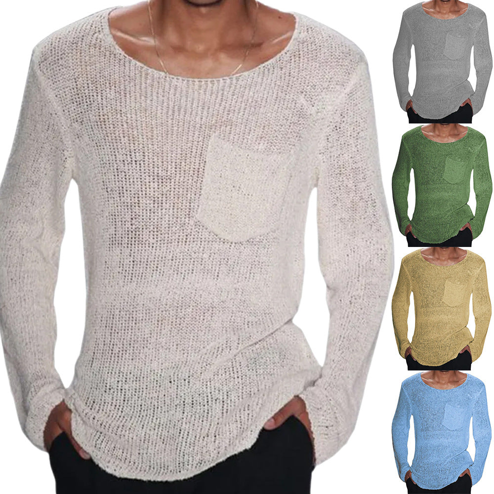 Herren Pullover Lässig Offene Maschen Brusttasche - BerlinGlamour