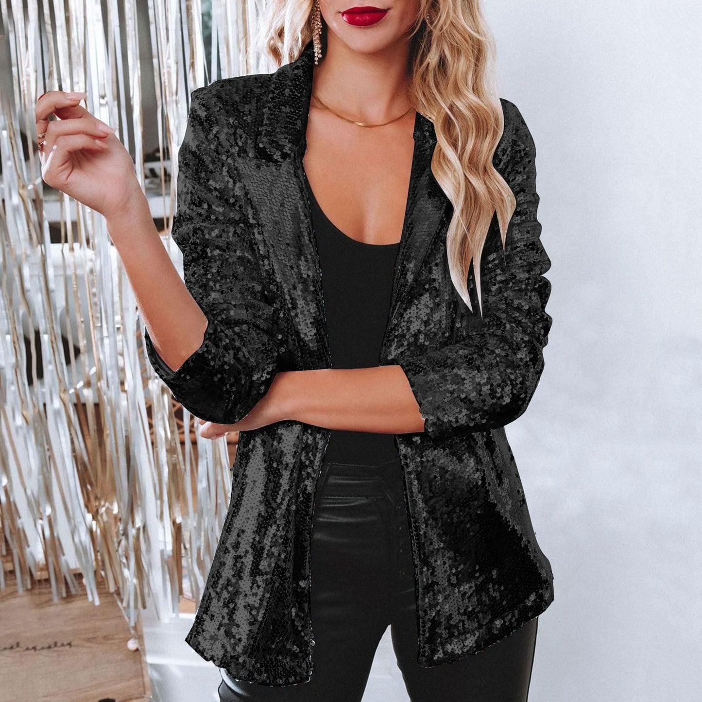 Damen Blazer Pailletten Glitzernd Elegant