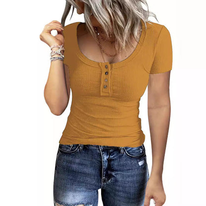 Damen Kurzarmshirt Figurbetont Rippdesign Knopfleiste Trendy