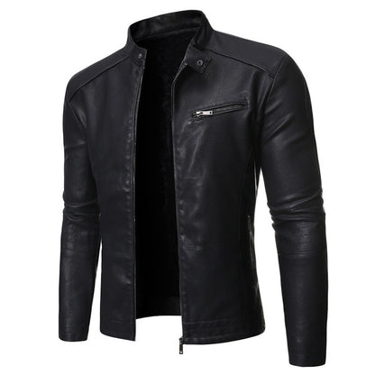 Lederjacke Herren Stehkragen Reißverschlusstaschen Elegant Schwarz