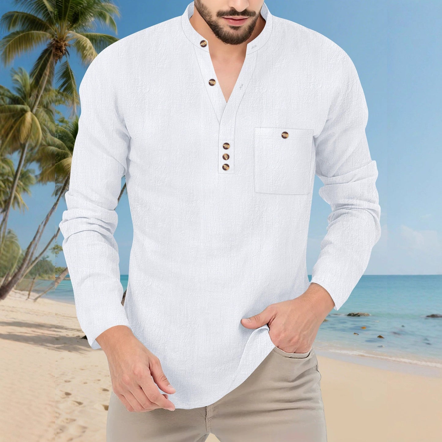 Herren Langarmshirt Mit Knopfleiste Und Brusttasche Modern Casual