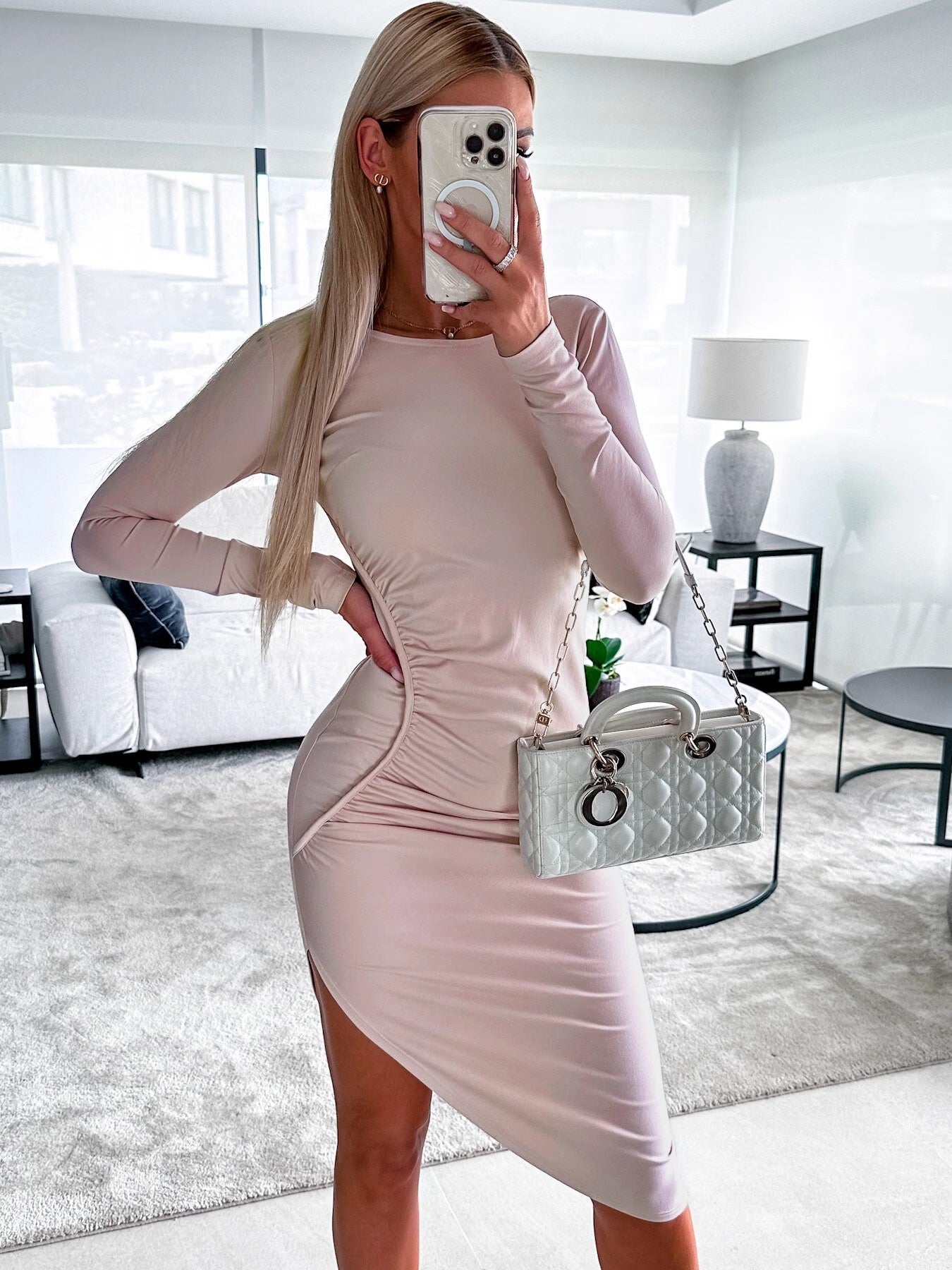 Damen Langarmkleid Figurbetont Asymmetrisch Elegant
