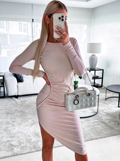 Damen Langarmkleid Figurbetont Asymmetrisch Elegant