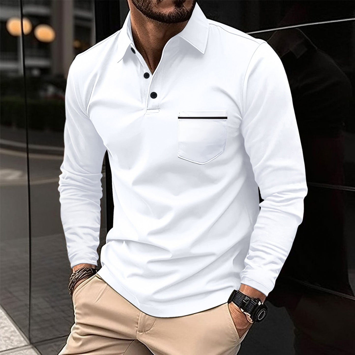 Herren Polohemd Langarm mit Stehkragen und Brusttasche Modern