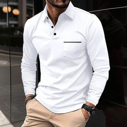Herren Polohemd Langarm mit Stehkragen und Brusttasche Modern