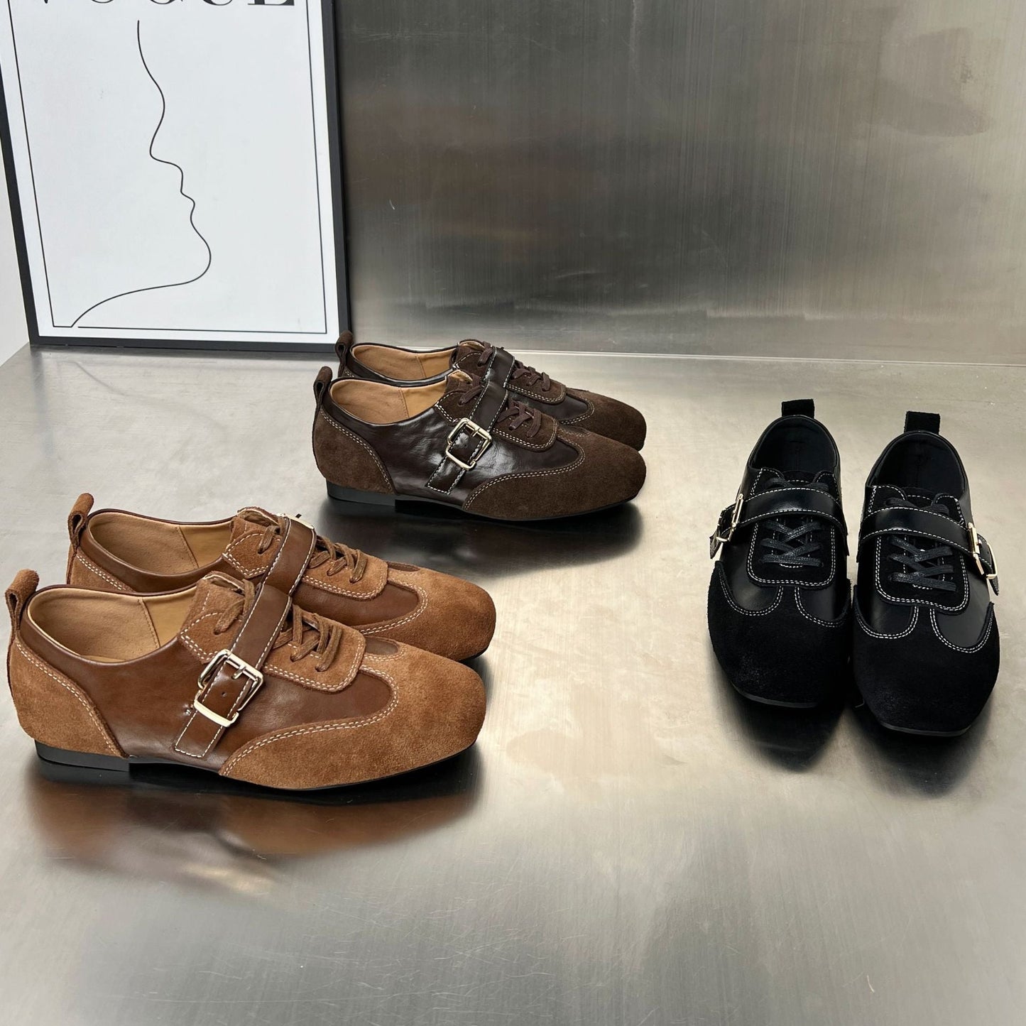 Damen Loafers Elegante Schnallenverschluss Schwarz Lederschuhe