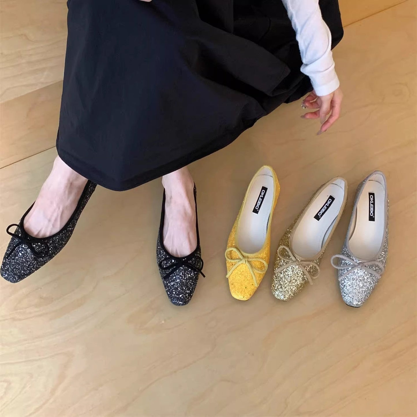 Damen Ballerinas Glitzer Schleife Komfort Innensohle