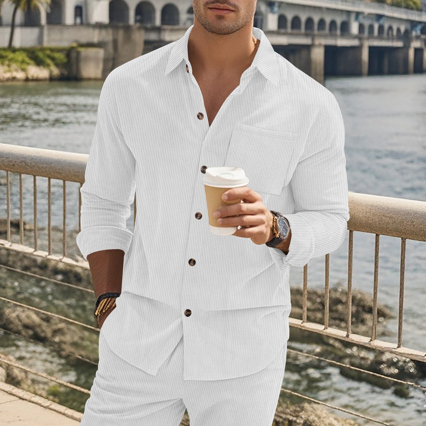 Herren Langarmhemd Streifenmuster Elegant mit Brusttasche