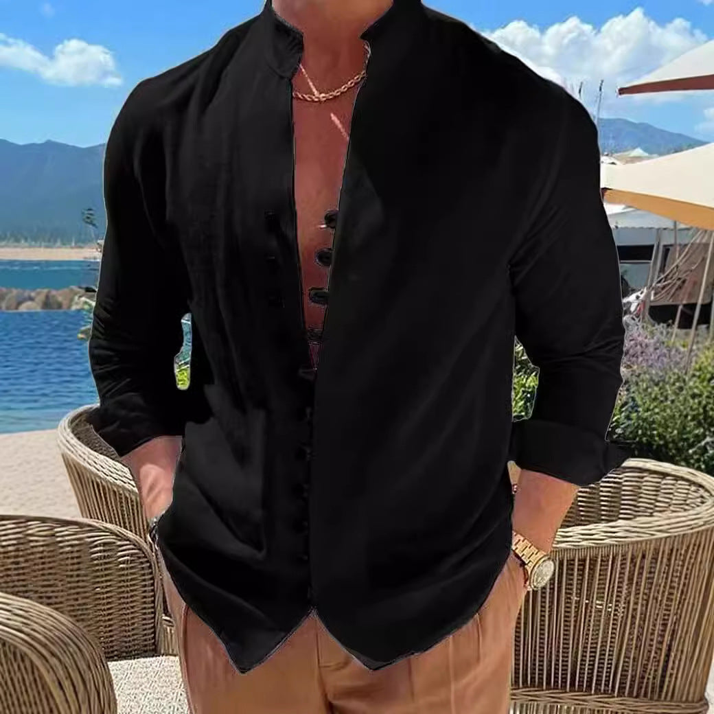 Herren Langarmhemd Modern mit Knopfleiste und Stehkragen