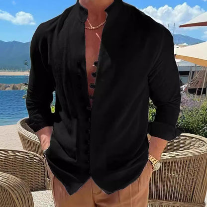 Herren Langarmhemd Modern mit Knopfleiste und Stehkragen