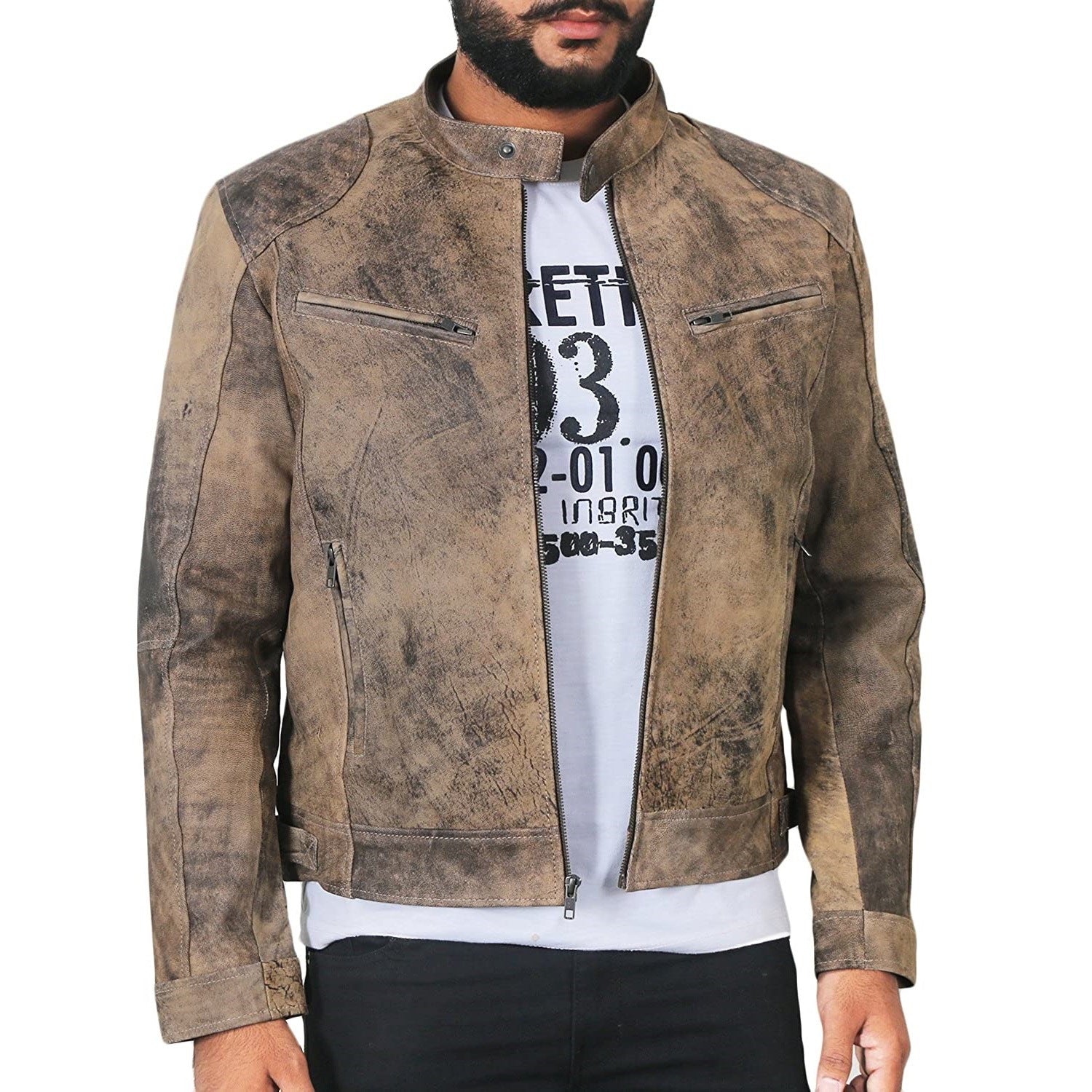 Lederjacke Herren Stehkragen Schwarz Ledermantel - BerlinGlamour