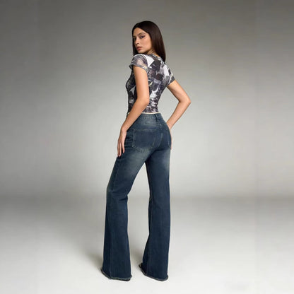 Damen Flare Jeans Hochwerder mit Fransen Saum