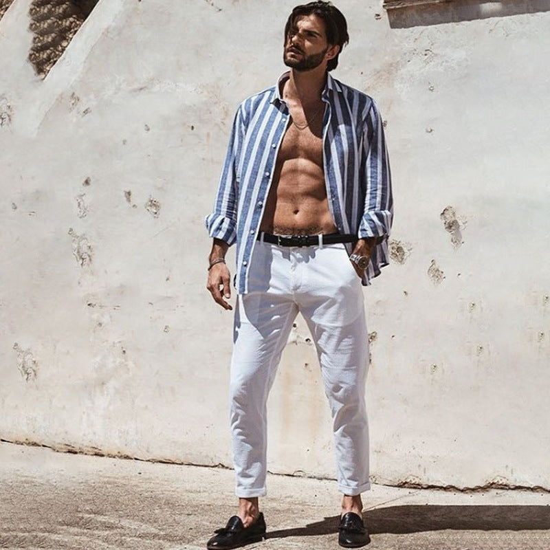 Herren Leinenhemd Gestreift Elegantes Sommerhemd - BerlinGlamour