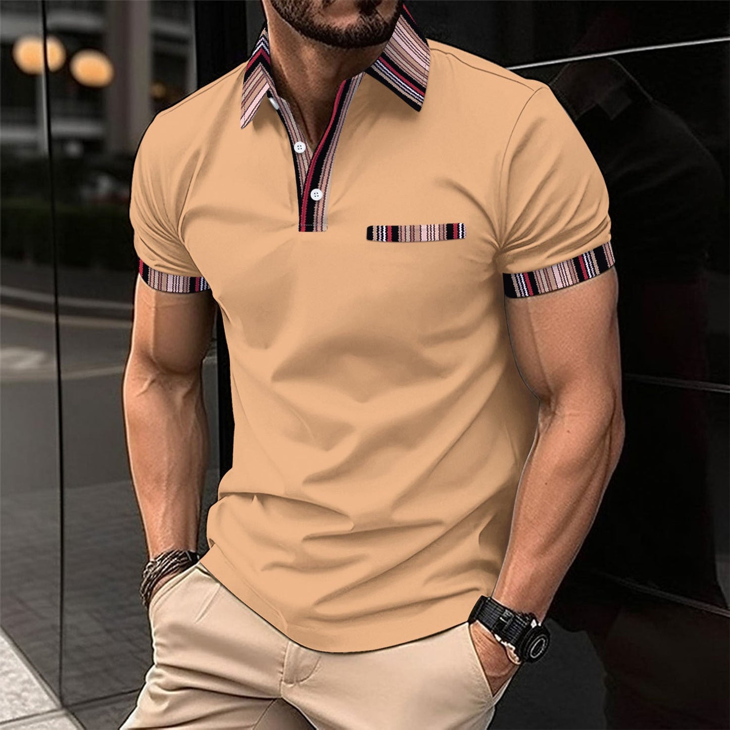 Herren Polohemd Modern Streifenkragen mit Brusttasche