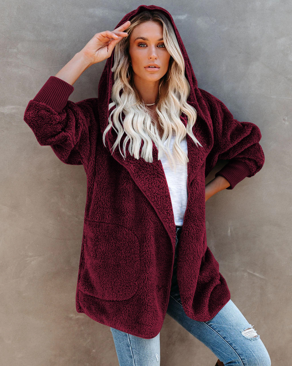 Damen Kapuzenjacke Warm Flauschig mit Taschen