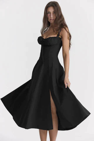 Schwarzes Midikleid mit Trägern A-Linie Damenkleid - BerlinGlamour