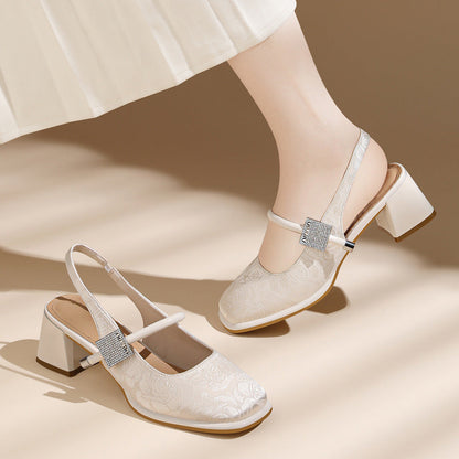 Damen Slingback Pumps Komfort Blockabsatz Schmuckdetail