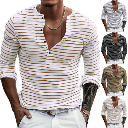 Ein modischer Langarmshirt mit dezentem Streifenmuster und Knopfleiste Berlin-Glamour. - BerlinGlamour