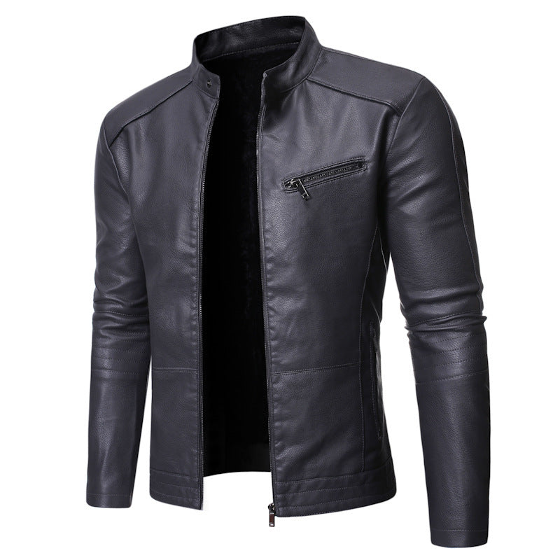Lederjacke Herren Stehkragen Reißverschlusstaschen Elegant Schwarz