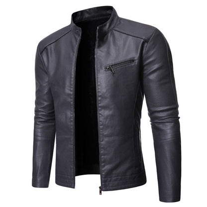 Lederjacke Herren Stehkragen Reißverschlusstaschen Elegant Schwarz