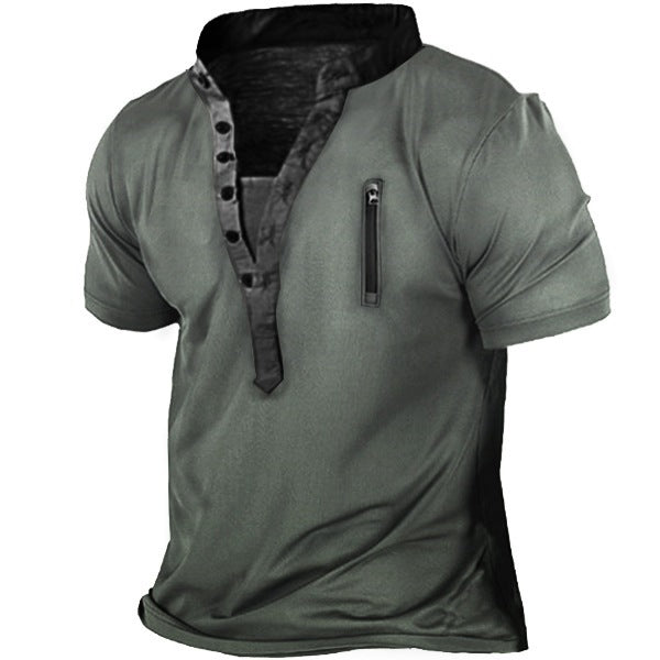 Herren T-Shirt Kurzarm Stehkragen Reißverschluss Tasche Modern