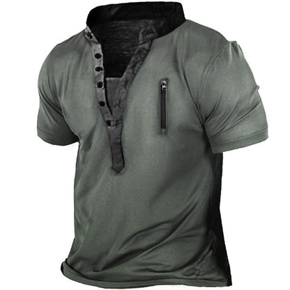 Herren T-Shirt Kurzarm Stehkragen Reißverschluss Tasche Modern
