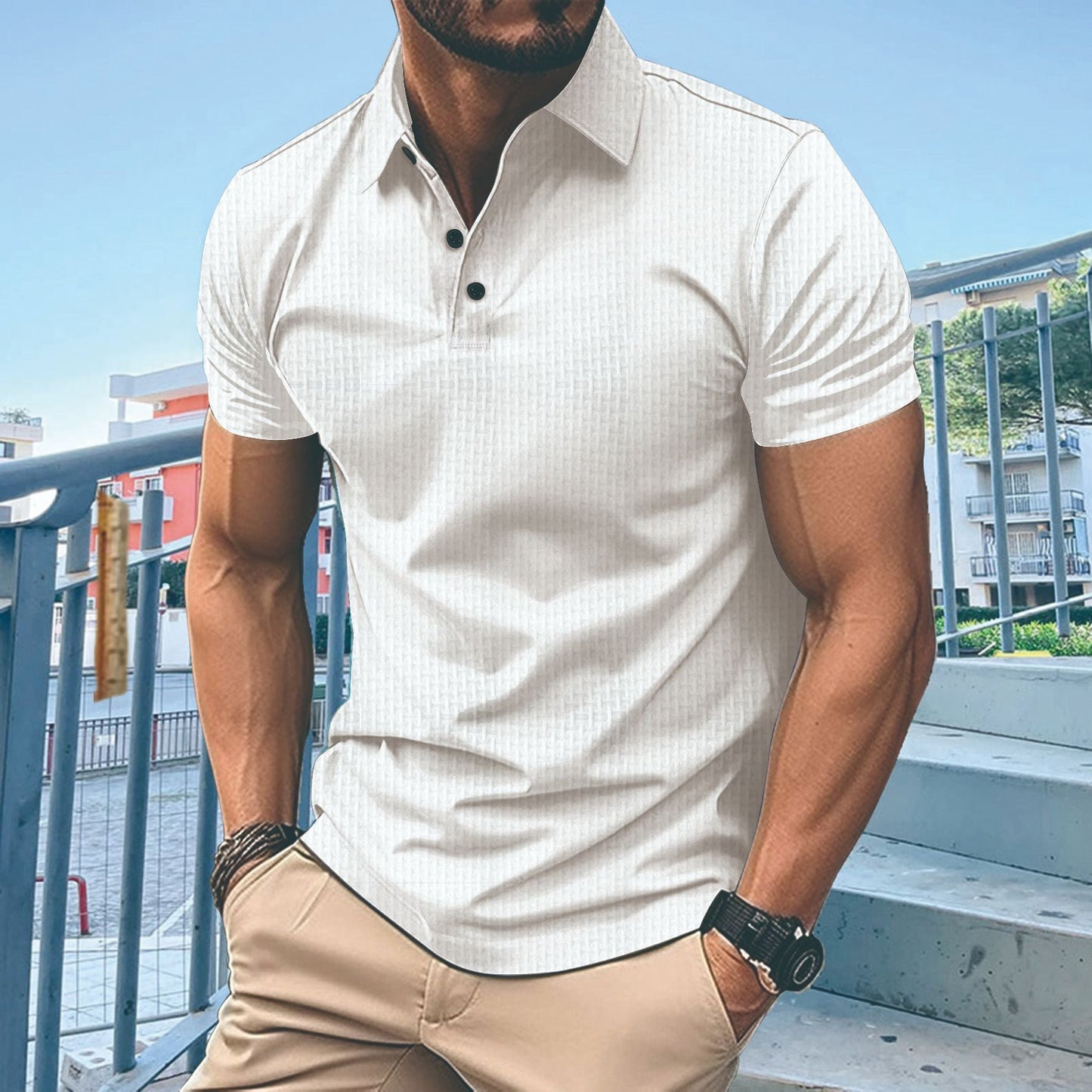 Herren T-Shirt Kurzarm Modern mit Knöpfen und Struktur