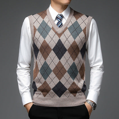 Herren Strickpullover V-Ausschnitt Rautenmuster Modern