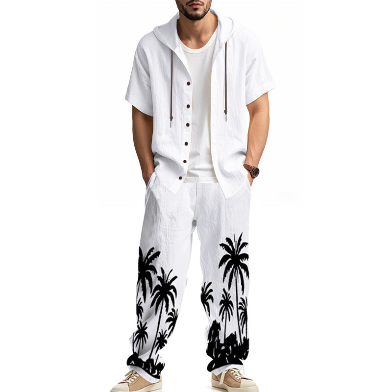 Herren Casual Set Kurzarm Hoodie Cargohose Palmenmuster