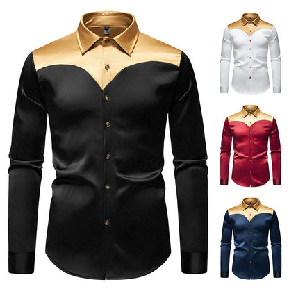 Elegantes Herren Hemd Langarm Glänzend Kontrastkragen Modern - BerlinGlamour
