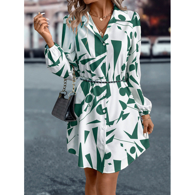 Damen Kleid Geometrischer Druck Knopfverschluss Modern