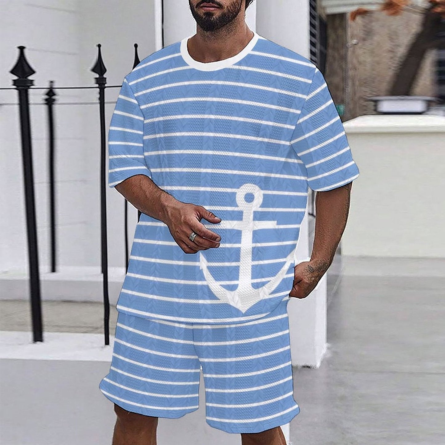 Herren Freizeitanzug Set Nautisch Marineblau Mit Anker Muster