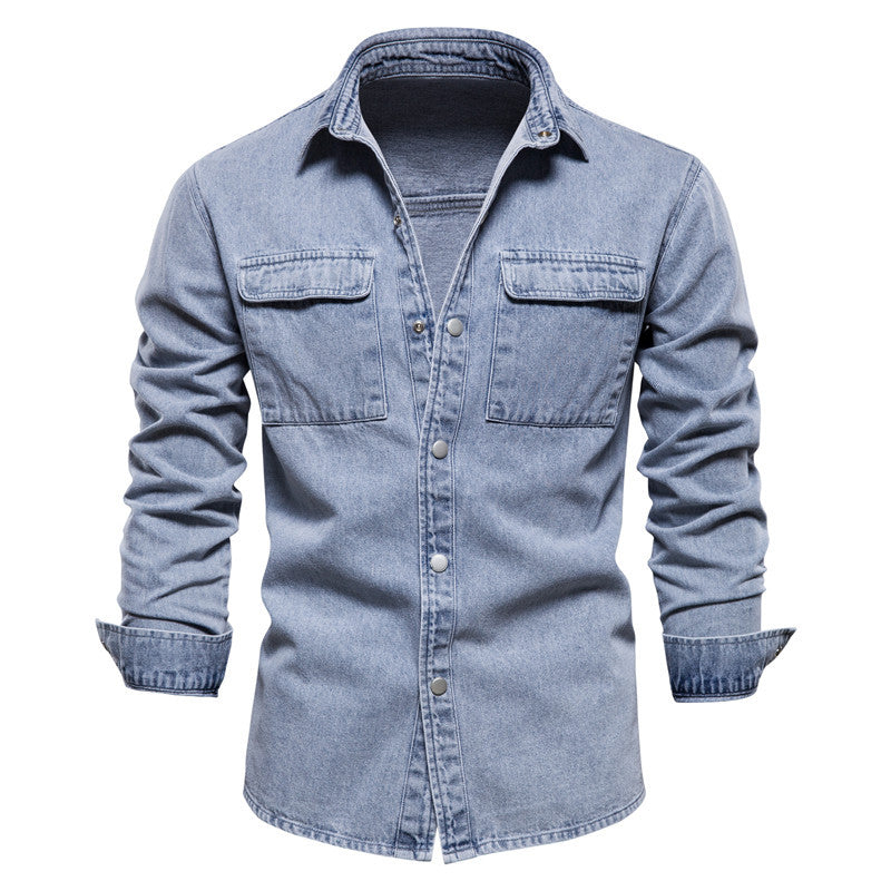 Herren Denim Hemd Lässig Doppelte Brusttaschen Casual
