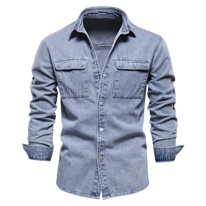 Herren Denim Hemd Lässig Doppelte Brusttaschen Casual