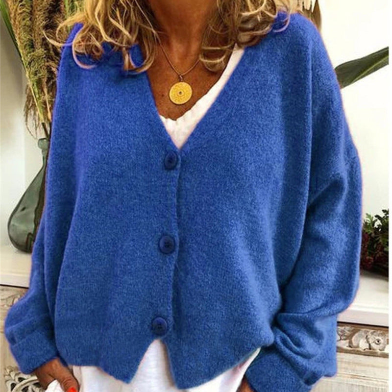 Damen Strickcardigan Lässig V-Ausschnitt Große Knöpfe