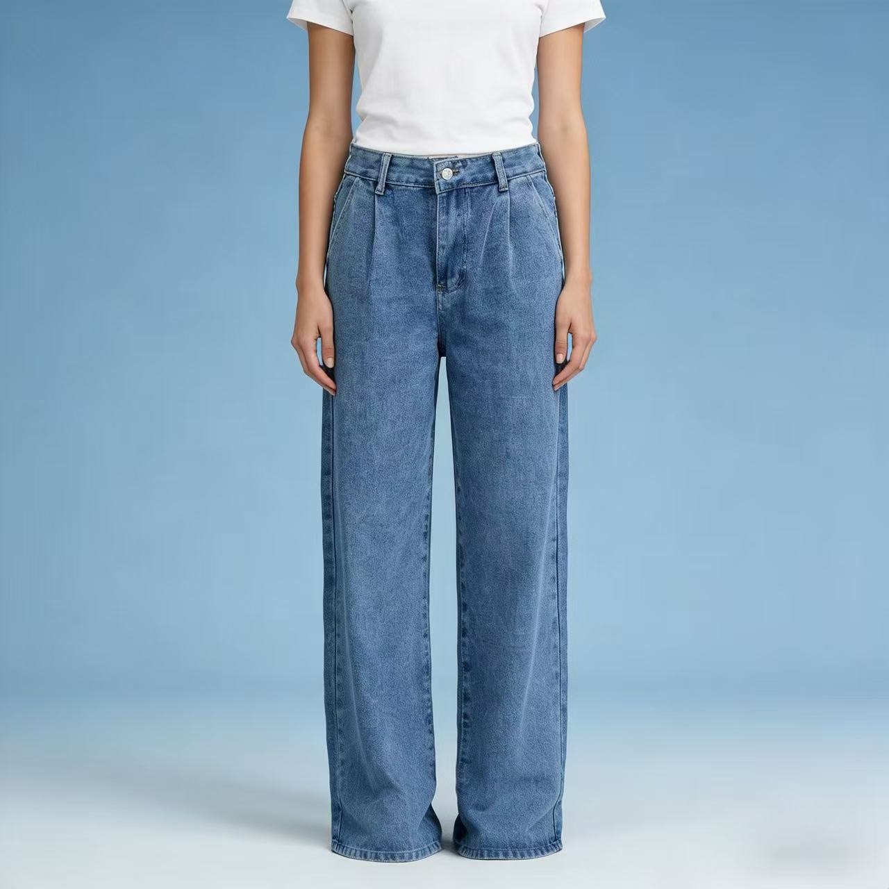 Damen Jeans Hoher Bund Weite Bein Faltenstoff