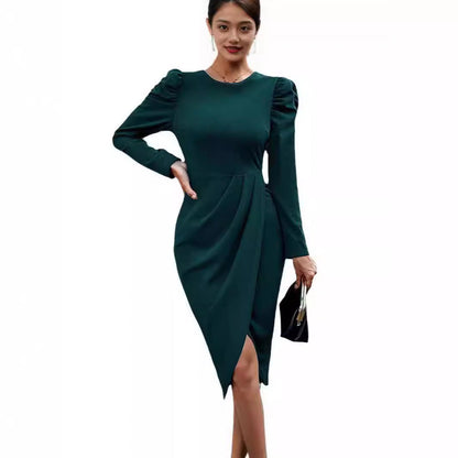 Elegantes Damen Wickelkleid mit Puffärmeln und Asymmetrie