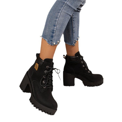 Damen Stiefel Ankle Boots Blockabsatz Schnürschuhe Elegant