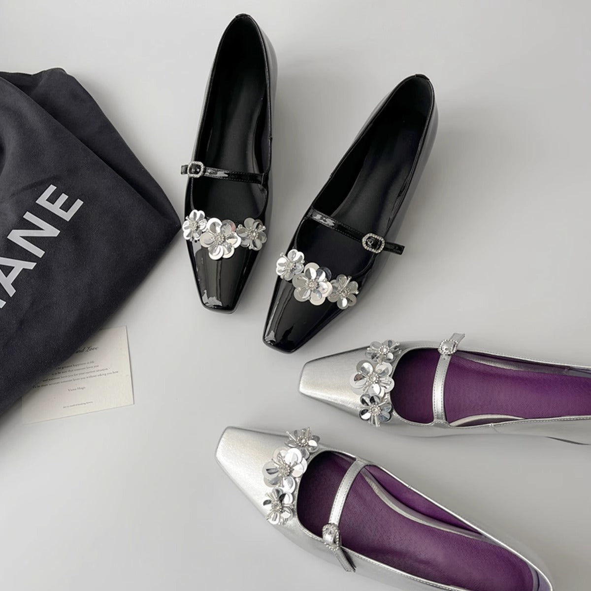Damen Ballerinas Mit Blumenmuster Glänzend