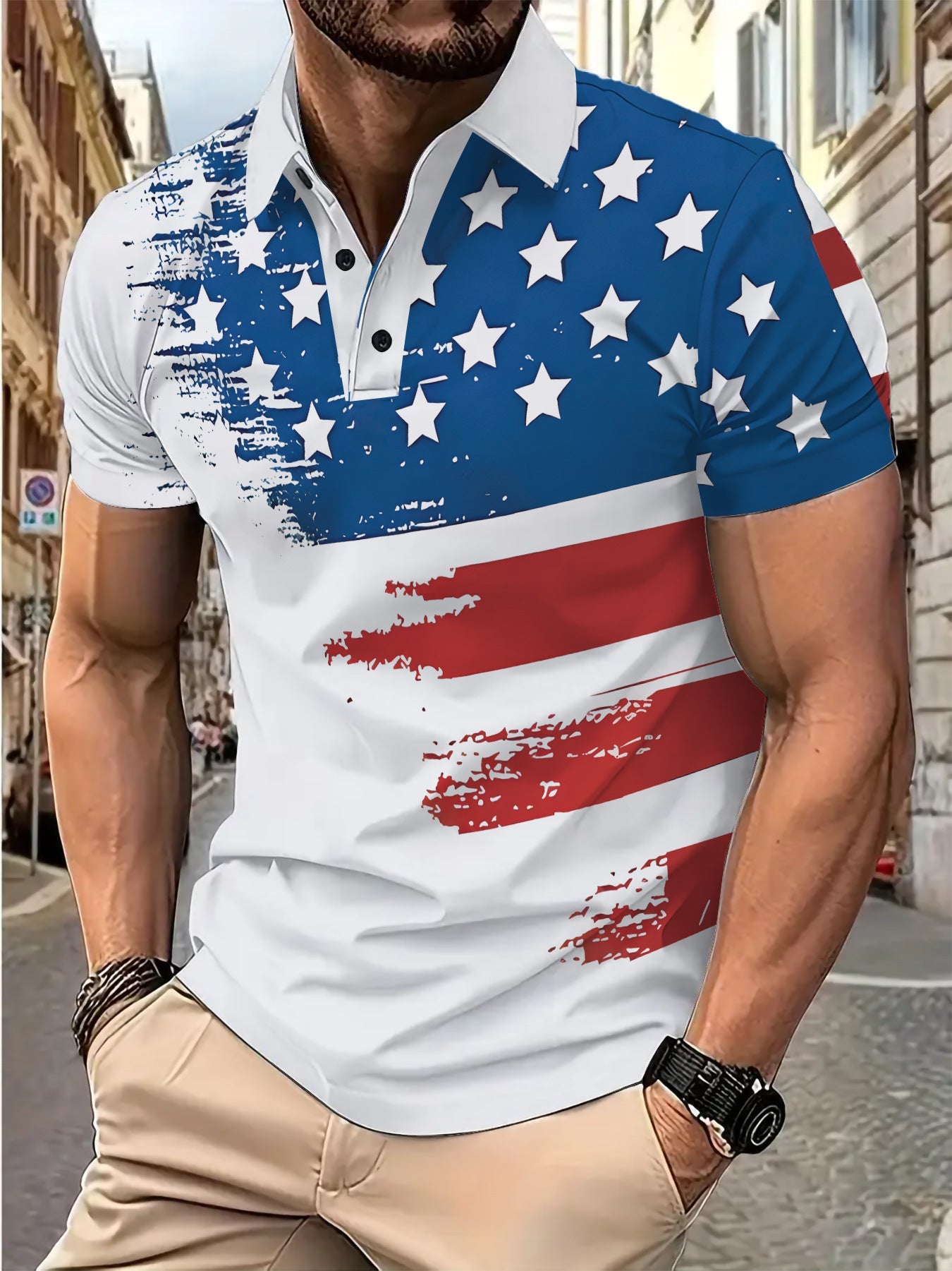 Herren Poloshirt Sportlich Flaggenmotiv Modern