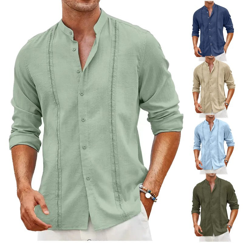 Herren Leinenhemd Langarm Stehkragen Elegent Modern - BerlinGlamour