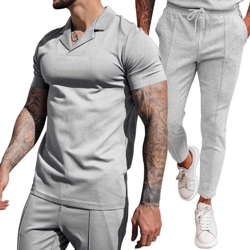 Herren Freizeit Set Kurzarm Polohemd schmale Hose Elegant
