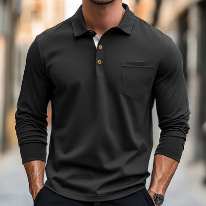 Herren Polohemd Langarm Modern mit Knöpfen und Brusttasche