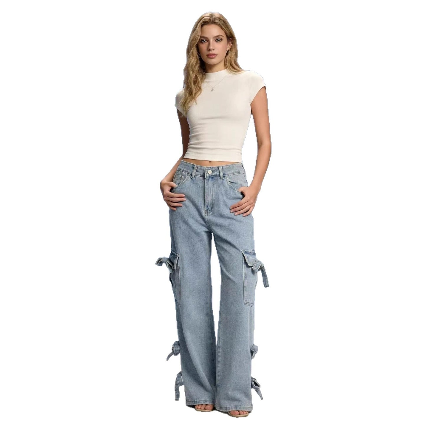 Damen Cargo-Jeans Weite Bein mit Bindebändern