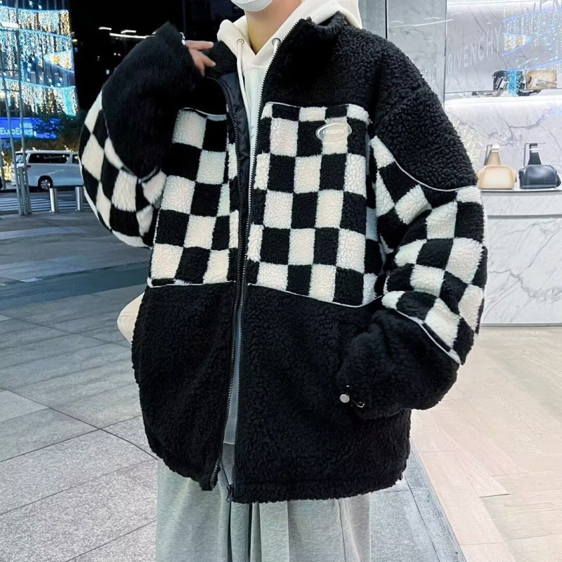 Unisex Fleecejacke Kariert Reißverschluss Taschen Warm