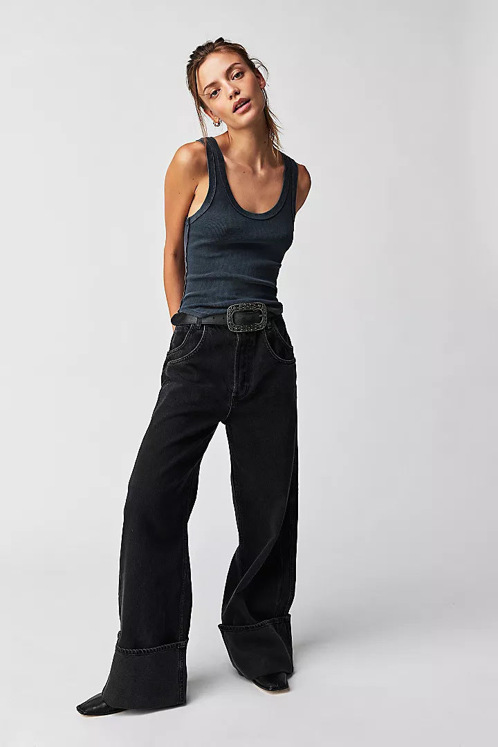 Damen Jeans Weite Bein Umgeschlagener Saum