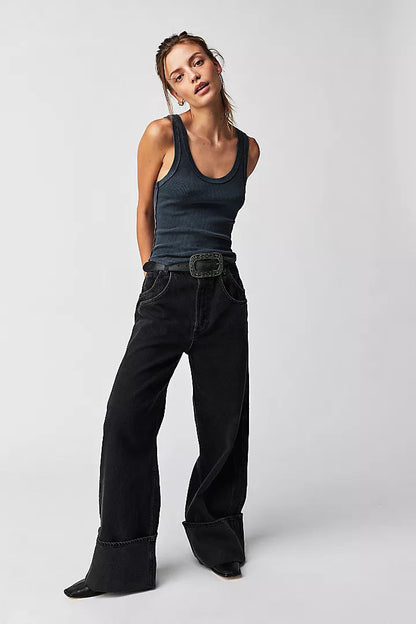 Damen Jeans Weite Bein Umgeschlagener Saum