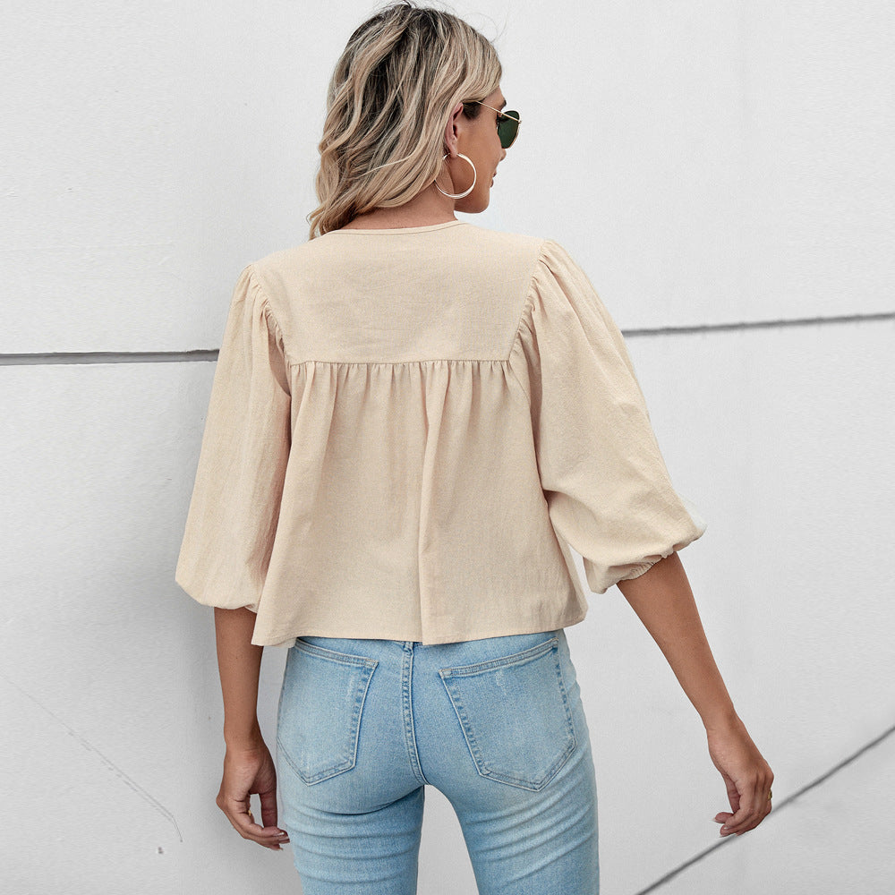 Damen Bluse Elegante Puffärmel Kordelzug Chic