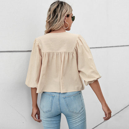 Damen Bluse Elegante Puffärmel Kordelzug Chic