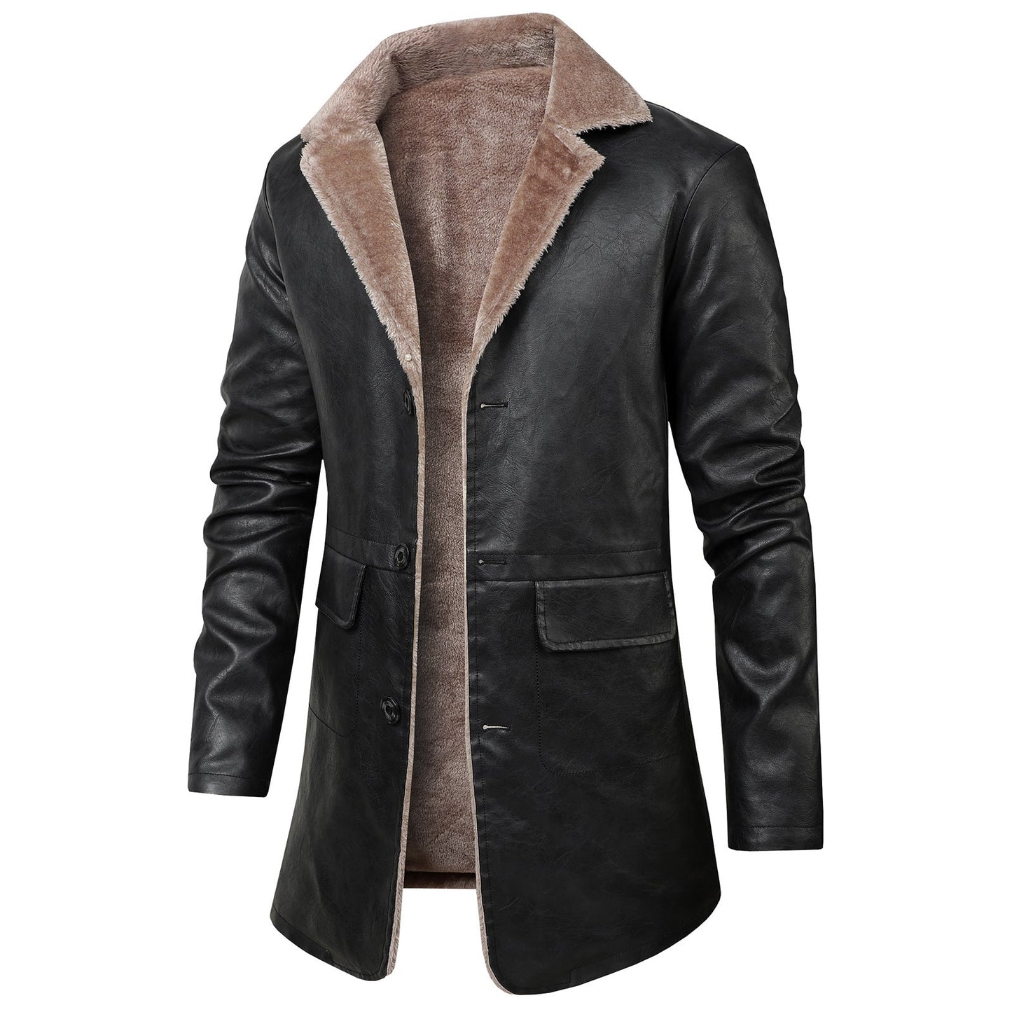 Herren Ledermantel Gefüttert Kragen Elegant Schwarz - BerlinGlamour